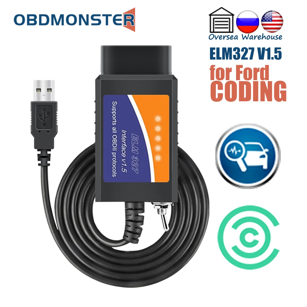 OBDMONSTER ELM327 V1.5 with HS / MS CAN Switch FORSCAN OBD2 Scanner USB Adapter for Ford Coding ELMconfig FoCCCus obd2 forscan elm327 usb v1 5 programming unlock hidden functions elmconfig hs ms can elm 327