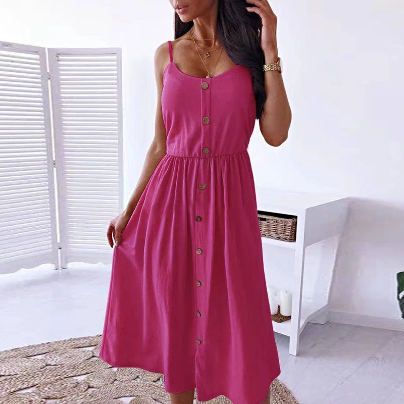 

Summer Backless Solid Maxi Beach Dress Sexy V Neck Button Spaghetti Strap Long Dress Women Elegant Sleeveless Spring Party Dress