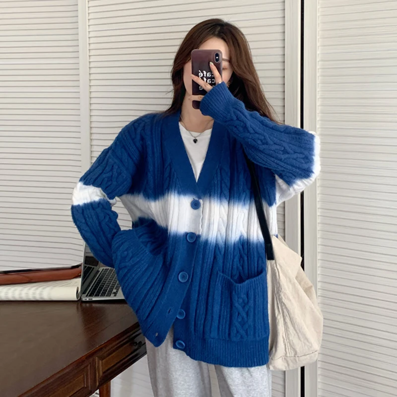 

Lazy Style Vintage Sweater Coat for Women Spring and Autumn New Fashionable Japanese V-neck Long Sleeve Striped Knitted Cardigan