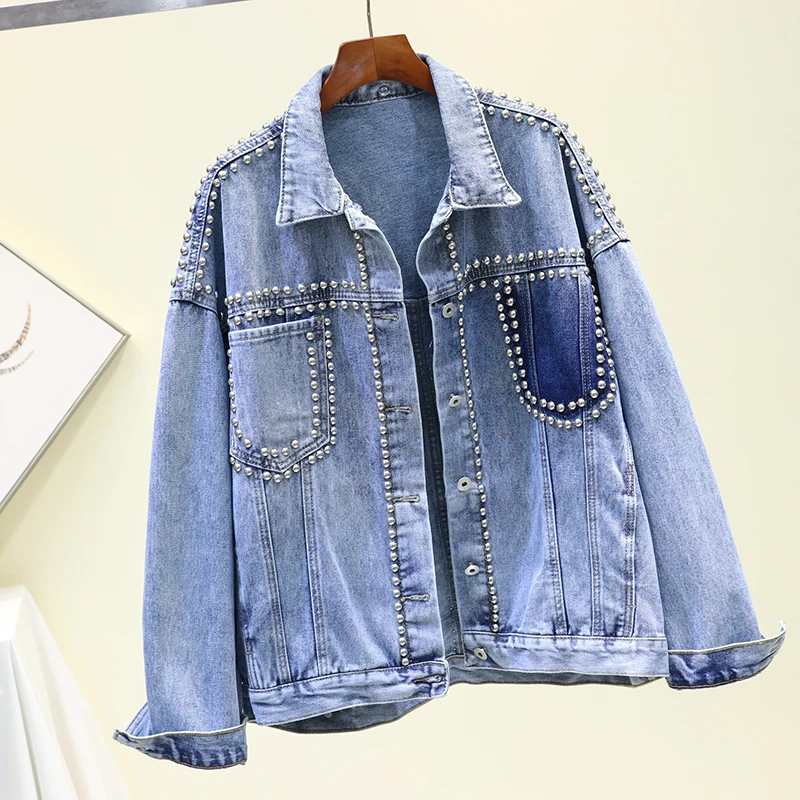 Vintage Women Jacket 2020 Autumn Winter Denim Jackets Washed Blue Rivet Jeans Coat Turn-down Collar Outwear Bomber P818 | Женская одежда