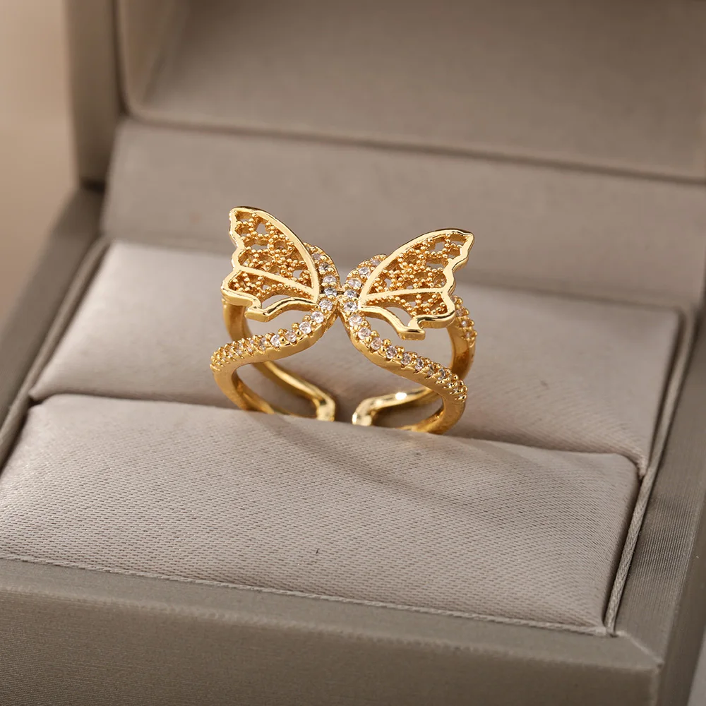 

Korean Fashion Opening Zircon Butterfly Rings For Women Vintage Sliver Color Animal Wings Finger Rings Boho Jewelry Bague