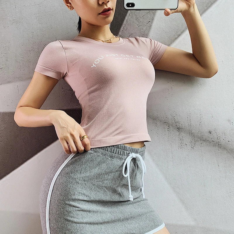 Для женщин короткий рукав энергии бесшовный топ для занятий йогой футболки бега