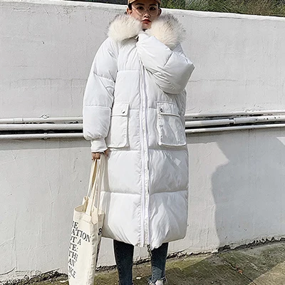 White-1 Solid Fur Hooded Long Down Coat Women Harajuku Winter Loose Windproof Thicken Down Jackets Female Korean Plus Size Parka Coats - Цвет: White-1