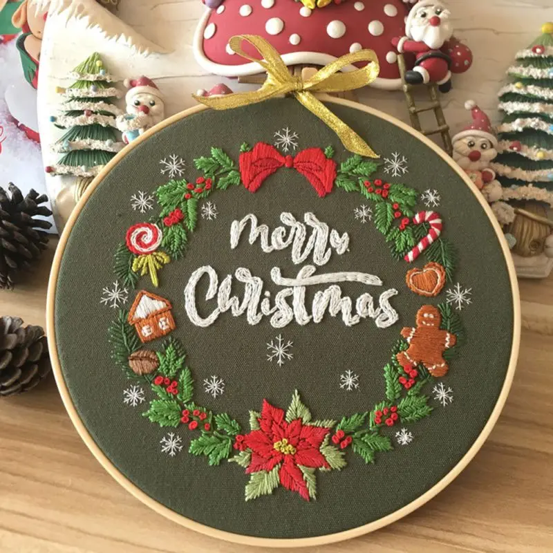 

Christmas Embroidery Stitch Starter Kit Xmas Pattern Cloth Embroidery Hoop DIY Handmade Christmas Home Decoration