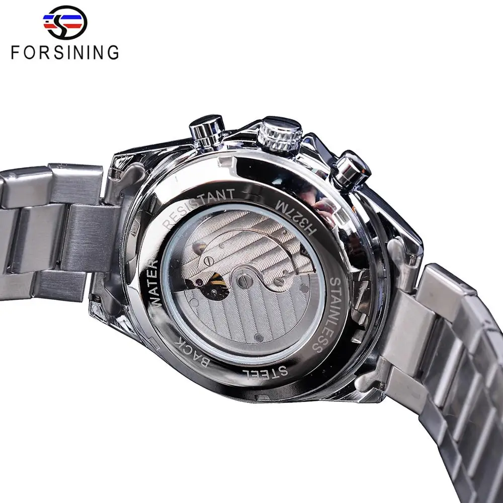 Forsining Power Reserve Design Men Automatic Mechanical Watch Black Silver Stainless Steel Date Waterproof Luminous Clock | Наручные часы