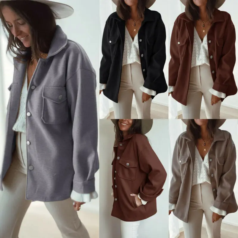 

Womens Fleece Casual Jacket Shacket Tops Tunic Look Thind Long Sleeve Baggy Coats