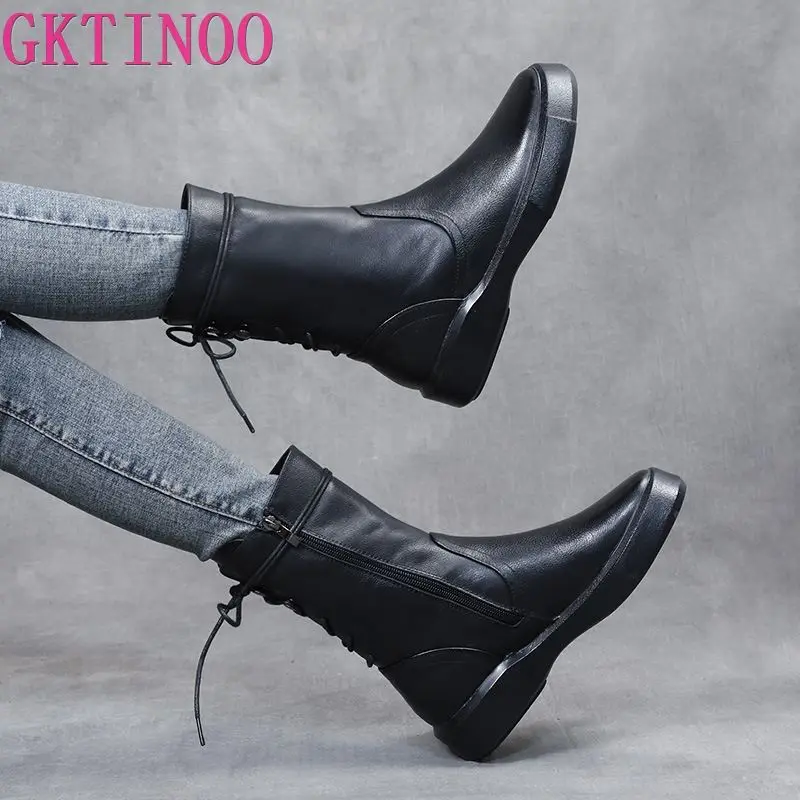 

GKTINOO 2022 Winter Women Mid Calf Boots Casual Round Toe Zipper Plush Warm Female Shoes Genuine Leather Snow Boots Botas Mujer