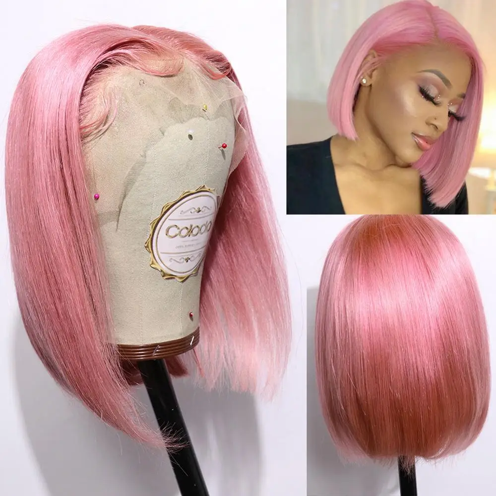 Pink Колодо бразильский Боб кружевные передние парики цветные короткие синие человеческие волосы парик с детскими волосами предварительно выщипанные волосы remy боковая часть кружевные парики - Цвет волос: Pink