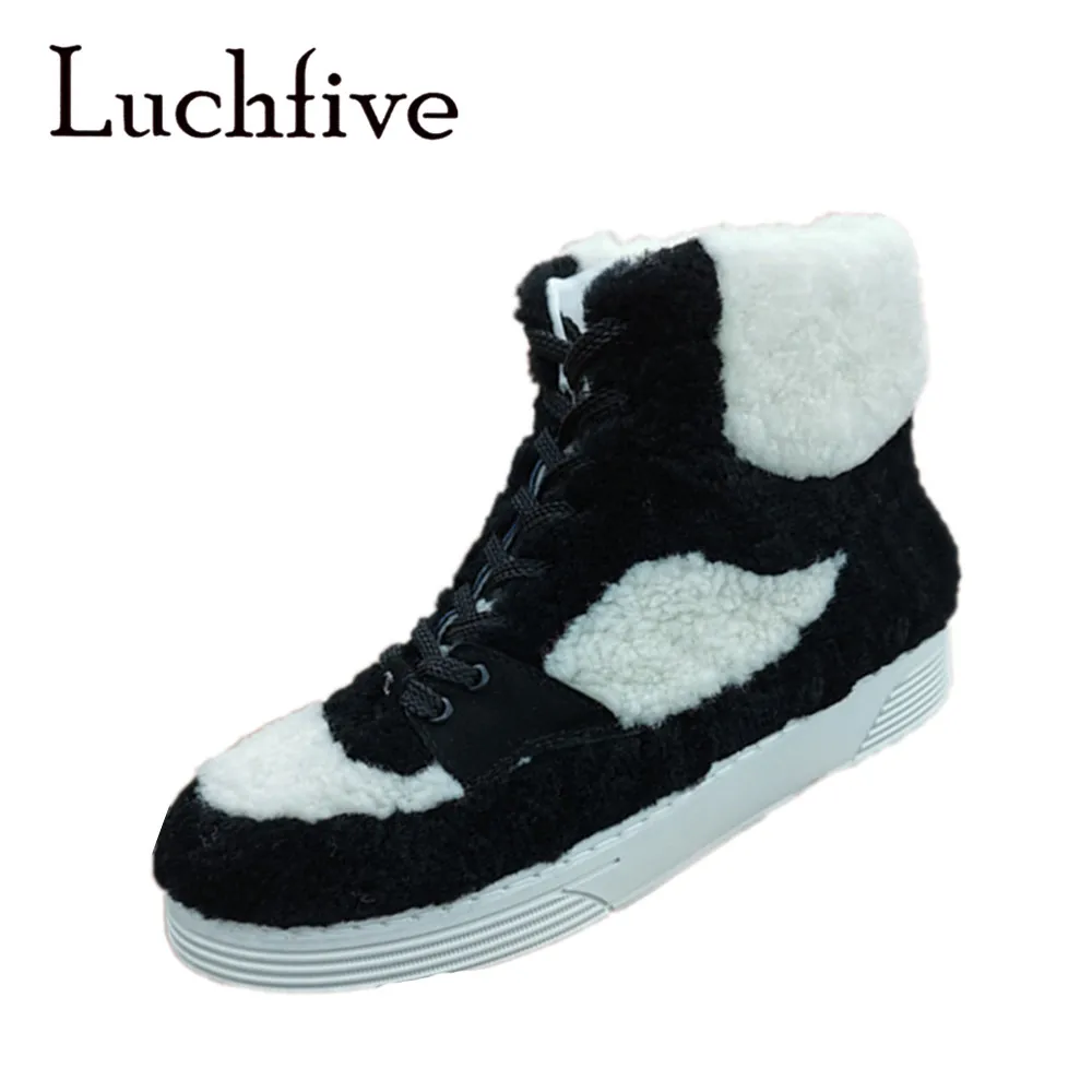 Luchfive/высокие кроссовки с натуральным овечьим мехом; цвет белый, черный; новая зимняя обувь; женская повседневная обувь на плоской платформе
