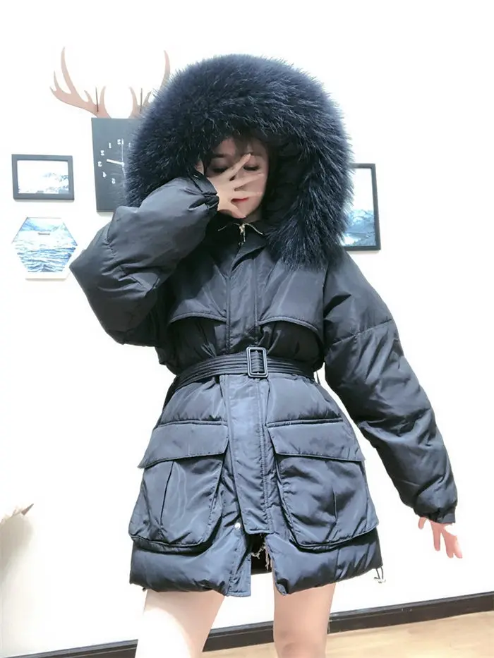 White Down Coat Winter Woman Fashion New Hooded Fur Collar Warm Thicken Cotton Clothing Casual Parkas Belt Overcoat f1401