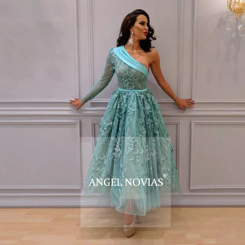 

Tea Length Arabic One Shoulder Lace Green Evening Dress 2020 Vestido Formatura Long Party Dress