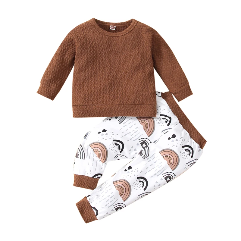 

Toddler Baby Boy Clothes Set Autumn Long Sleeve Round Neck Solid Color Tops + Elastic Waist Rainbow Print Trousers