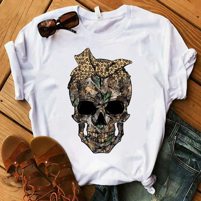

Harajuku Skull Deer Camouflage Burlap Turban T-shirt Women's T-shirt Clothes Short Sleeve Graphic T-shirt Tops in the Woods