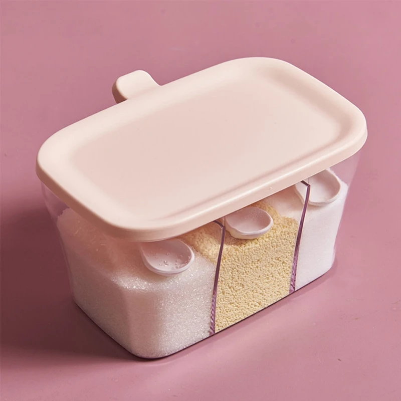 

3 Grids Spice Jars Seasoning Box with Spoon Condiment Jar Kitchen Storage Herb Sugar Salt Container Cooking Supplies