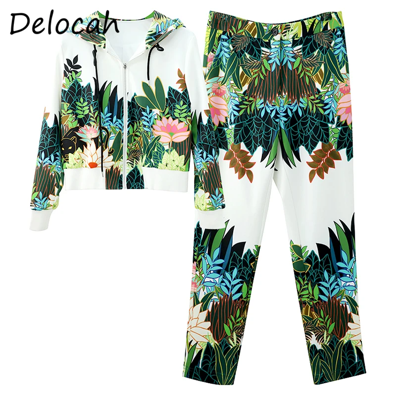 

Delocah Women Summer Fashion DesignerPants Set Long Sleeve Hooded Blouses + High Waist Printed Long Pants 2 TwoPiecesSuits