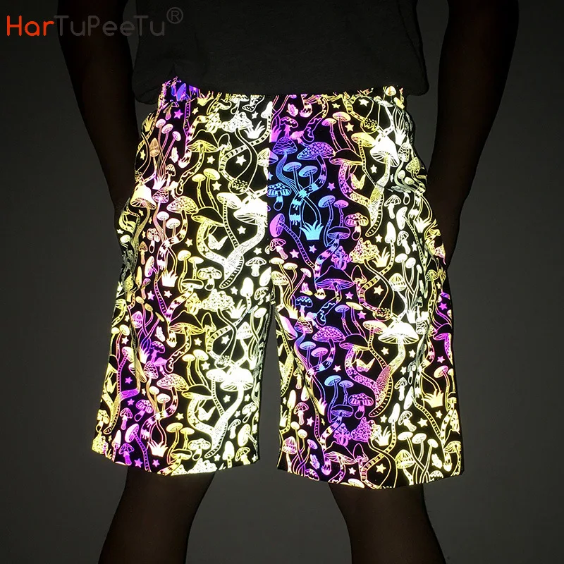 2023 Summer Knee Length Pants Men Mushroom Print Rainbown Reflective Shorts Night Sport Jogging Workout Shorts with Mesh Lining