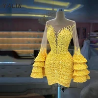 yalin sexy chic fashion prom party dress o neck ruffles long sleeves crystal flower lace mini cocktail gown vestidos de fiesta