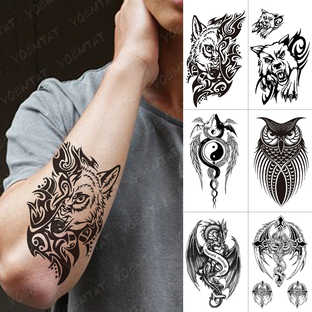 

Waterproof Temporary Tattoo Sticker Wolf Yin Yang Dragon Flash Tattoos Scorpion Dragon Body Art Arm Maori Totem Fake Tatoo Men