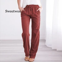 women casual loose pants solid elastic waist cotton linen pants spring summer stretch female trousers clothing