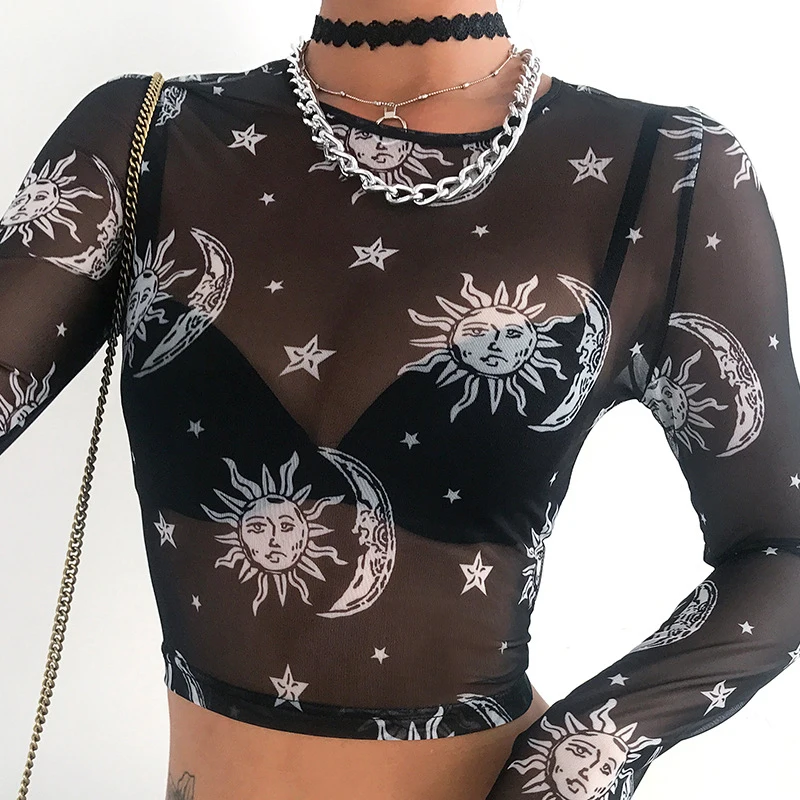 2020 Новая женская перспективная Сетчатая футболка с вырезом принтом Солнца и Луны