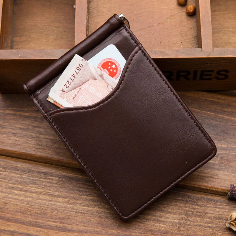 

New arrival Slim Men's leather money clip wallet with card slots metal clamp photo holder small purse for man