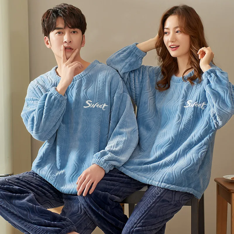 Sleepwear Couple Pajamas Set Autumn Winter Long-sleeved Pajamas Plush Cute Sweet Loose Casual Home Wear Flannel Pants