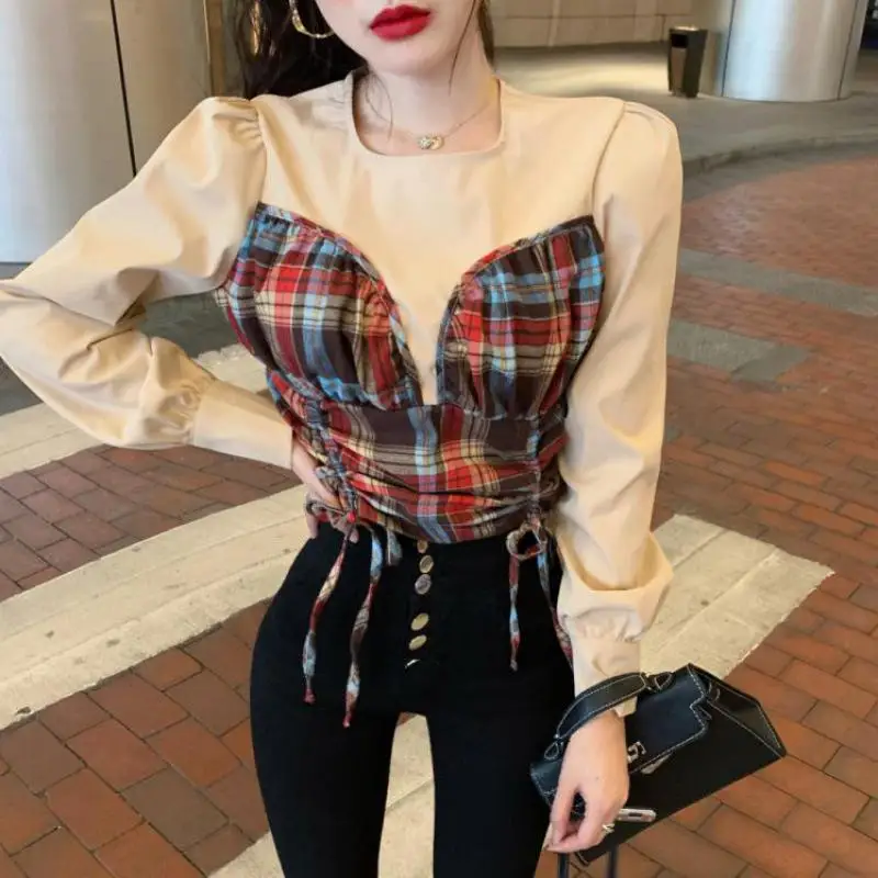 

Vintage Cotton Plaid Shirt Female Drawstring Tops Women Long Sleeve Girls Blouse Spring Autumn Women Blouses Femme Blusas