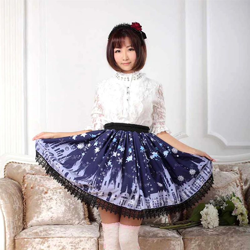 

Princess sweet lolita skirts Originally princess sweet Printed Dark Blue Gothic Church Lolita Lace Half-length Skirt GZWY098