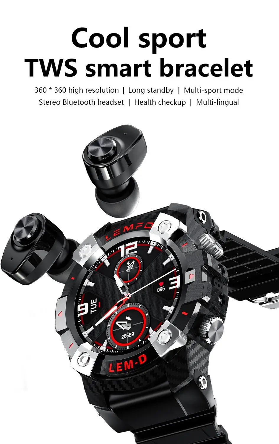 Умные часы LEMD TWS Bluetooth 5 0 наушники 2 в 1 HD 360*360 дисплей спортивные Смарт мужской