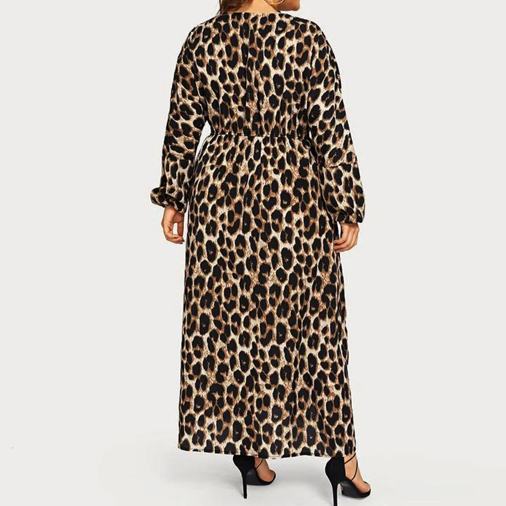 Mode Luipaard Print V-hals Lange Mouwen Split Jurk Vrouwen Herfst Winter Elegante Sexy Vestidos Plus Size 2019 z0805 | Женская одежда