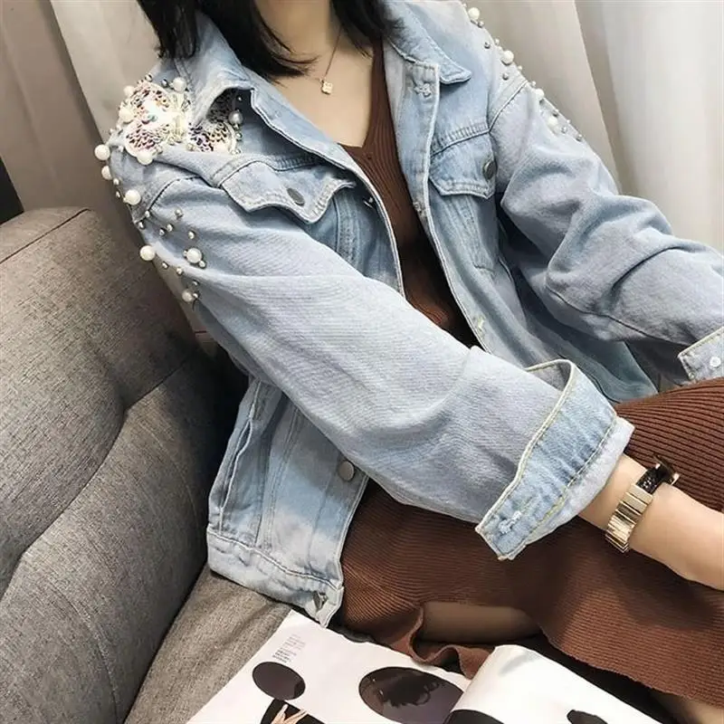 Джинсовое пальто с блестками и бусинами в Корейском стиле на осень универсальная