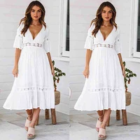 summer ladies v neck solid color short sleeved fashion lace stitching long dress french elegant bohemian dress