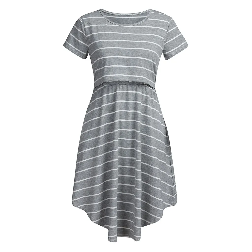 

2021 New Womens Maternity Dresses Short Sleeve Striped Print Nursing Dress For Breastfeeding Cotton Soft O-neck Pregnancy Dress