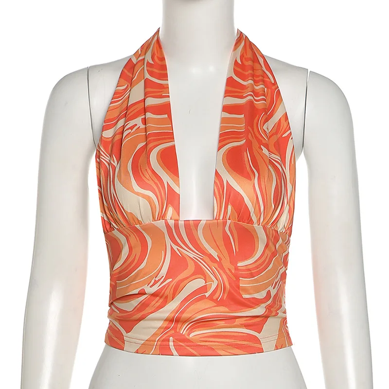 

Y2K EGIRL Aesthetics Y2K Orange Wave Print Backless Crop Tops 90s Fashion Lace-Up V-neck Sleeveless Sexy Tank Tops Cute Vests