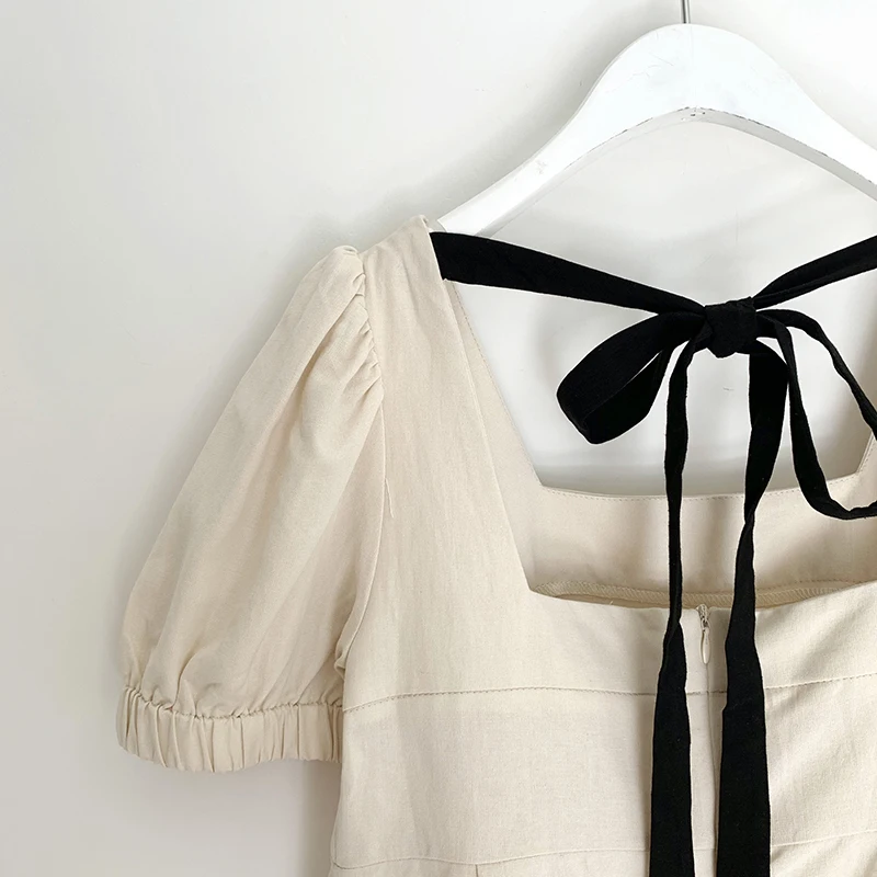 

Backless Sexy Summer Blouse Square Collar Short Puff Sleeve Loose Slim Shirts Korean Tops Bow Lace Up French Vintage 2020 W812
