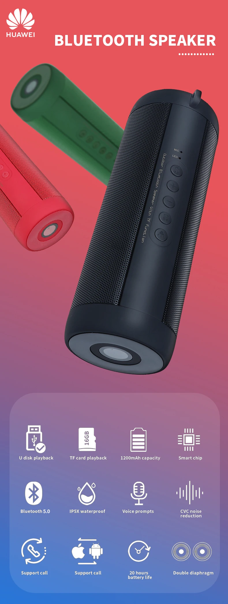 Huawei Bluetooth динамик Портативный беспроводной громкий динамик s для телефона компьютера стерео музыки объемные водонепроницаемые напольные колонки коробка