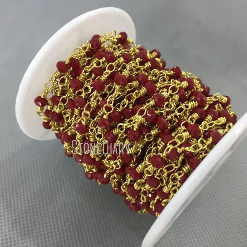 

RC4762 3x4mm Gold Color Faceted Rondelle Beads Copper, Dark Red Glass Crystal Chain Rosary
