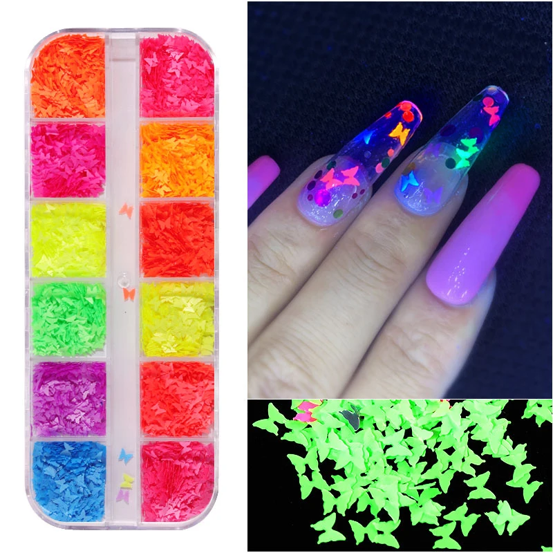 

12 Colors Fluorescent Butterfly Nail Sequins Holographic 3D Glitter Nails Flakes Slices DIY Manicure Design Nail Art Accessories