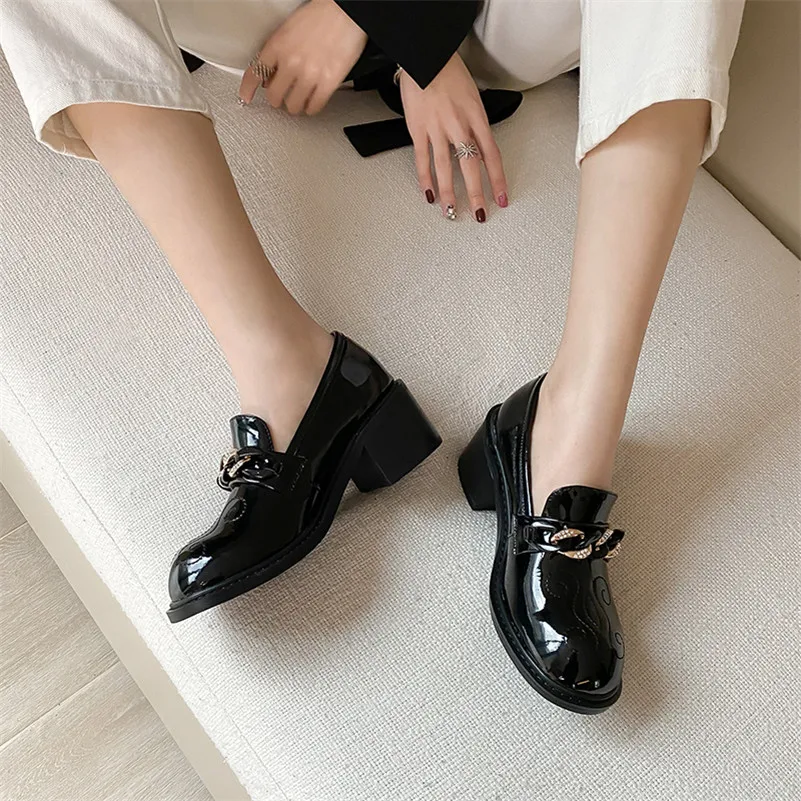 

Meotina High Heels Women Pumps Patent Leather Square High Heels Loafers Shoes High Quality Chain Round Toe Shoes Lady Size 33-43
