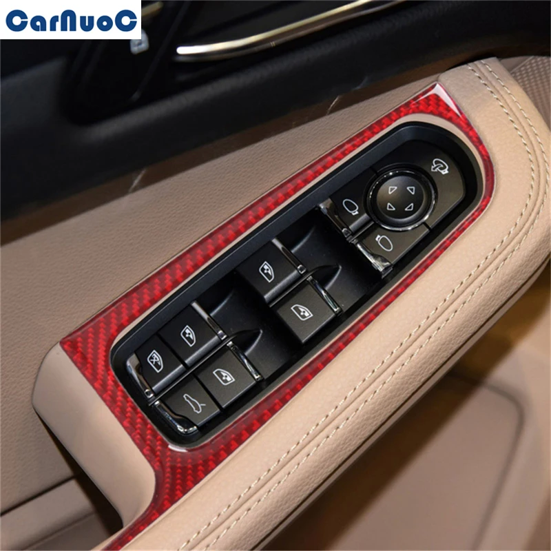 

Для Porsche MACAN Cayenne 2014-2019 кнопка управления окном автомобиля, красная отделка, наклейка из углеродного волокна, аксессуары для укладки