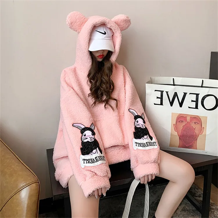 

Cute Cartoon Women Rabbit Hoodies Women Clothing Bottoming Long Sleeve Tops Loose Pocket Sweatshirt Girl Casual Pullover Fall