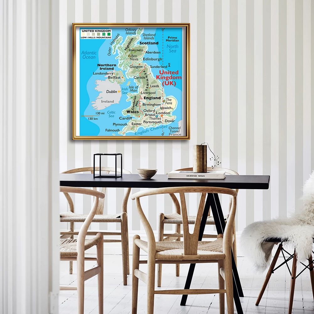 

90*90cm Orographic Map of The United kingdom Non-woven Canvas Painting Wall Poster Classroom Home Decoration School Supplies