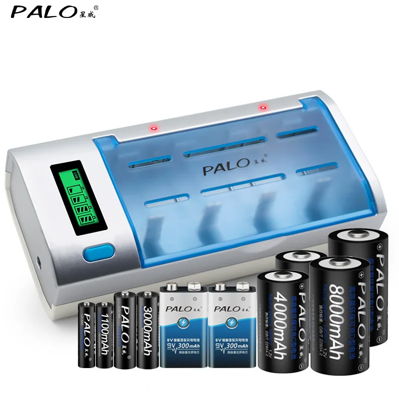 PALO 4 шт. D размер аккумуляторной батареи D типа 1,2 V 8000 мА/ч, металл-гидридных или никель+ интеллигентая(ый) быстрое зарядное устройство для lcd дисплея для AA AAA C D 9V 6F22
