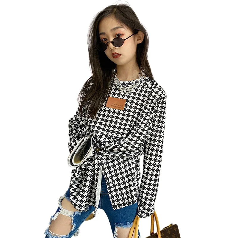 

Girls design sense T-shirt 2021 spring new middle-aged children's slim long-sleeved houndstooth long-sleeved top