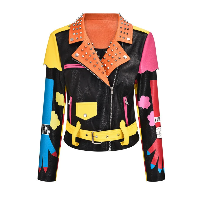

Autumn and winter 2021 new fashion heavy industry printed punk Street leather coat women