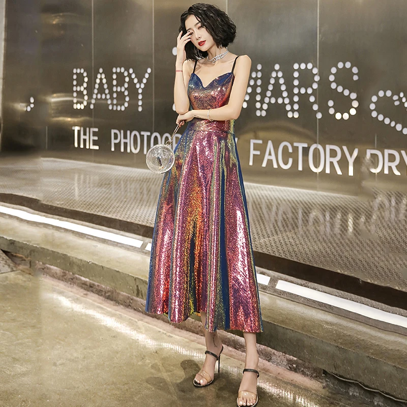 

Shining Sequin Women Party Dresses CR366 Sleeveless Robe De Soiree Spaghetti Strap Evening Dress Gradient A-Line Formal Vestidos