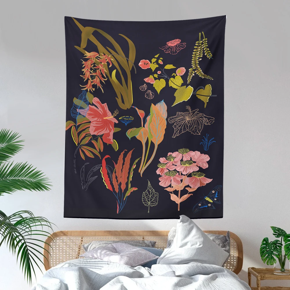 

FFO Botanical Wildflower Wall Hanging Tapestry Flower Reference Chart Hippie Picnic Mats Psychedelic INS Art Background Cloth