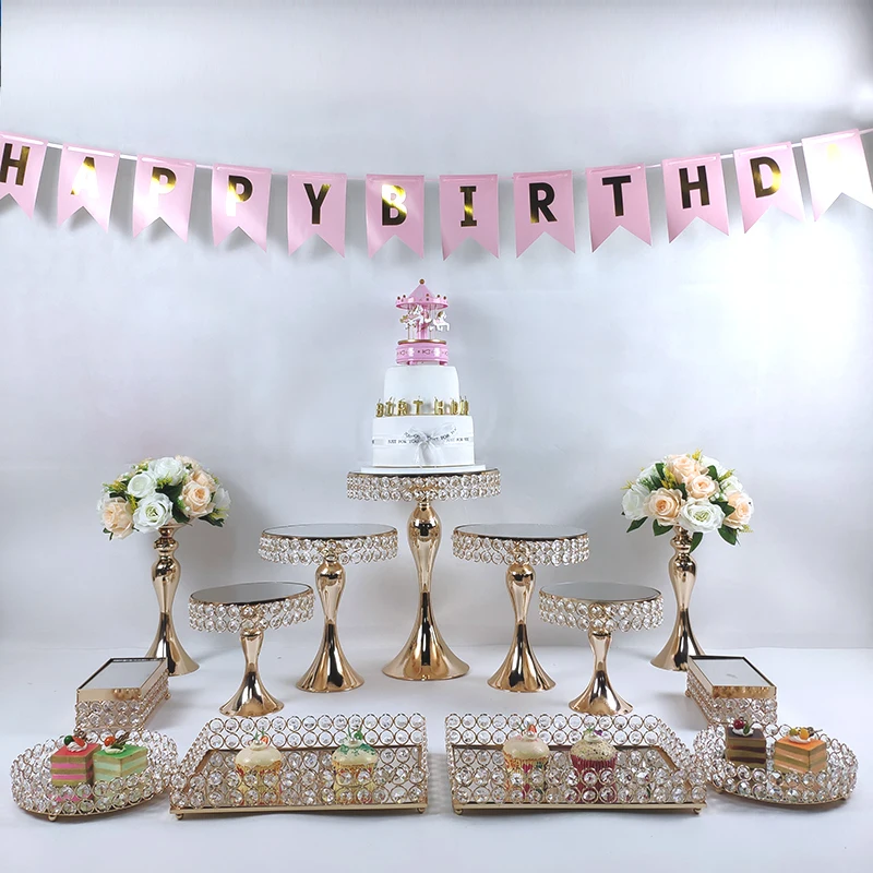 Больше лоток золотой свадебный торт стенд Набор белого цвета со стразами и
