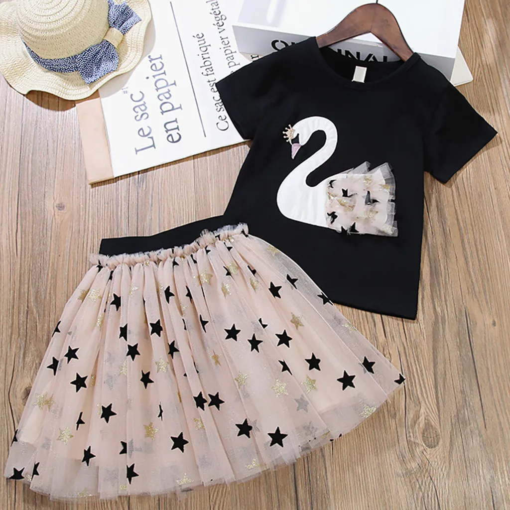 

Swan Print Toddler Girl Clothes Set Summer Baby Kid Girls Print T-shirt Tops Stars Ruched Skirt Set Outfits Girls Clothing Sets