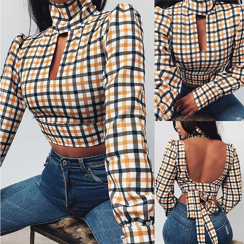 2020 Fashion Sexy Turtleneck Plaid Printed Hollow Out Backless Bandage Long Sleeve Women Crop Tops and Shirt |